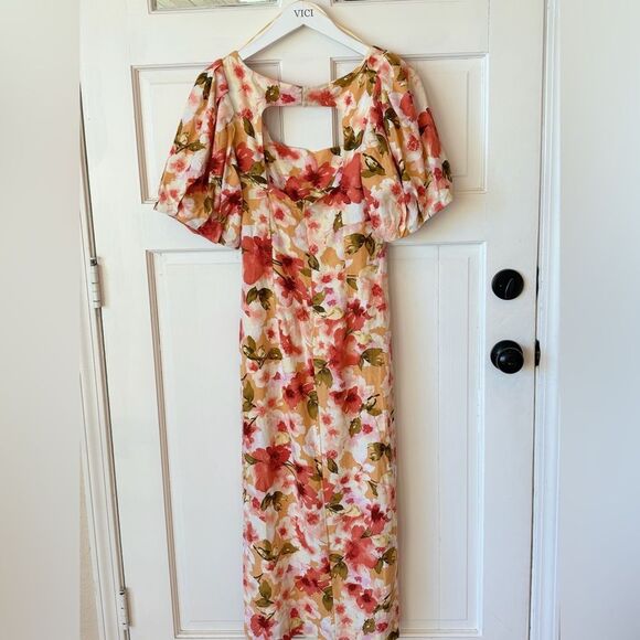 NWT Anthropologie Moon River Square Neck Puff-Sleeve Floral Orange Midi Dress - Picture 2 of 6